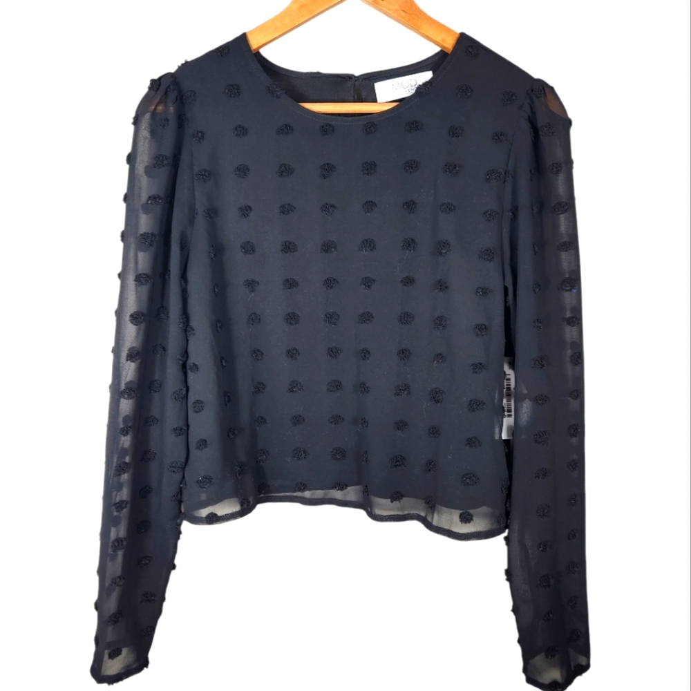 Mod On Trend NWT Puff Sheer Sleeve Top Black Pom Pom Blouse Sz M